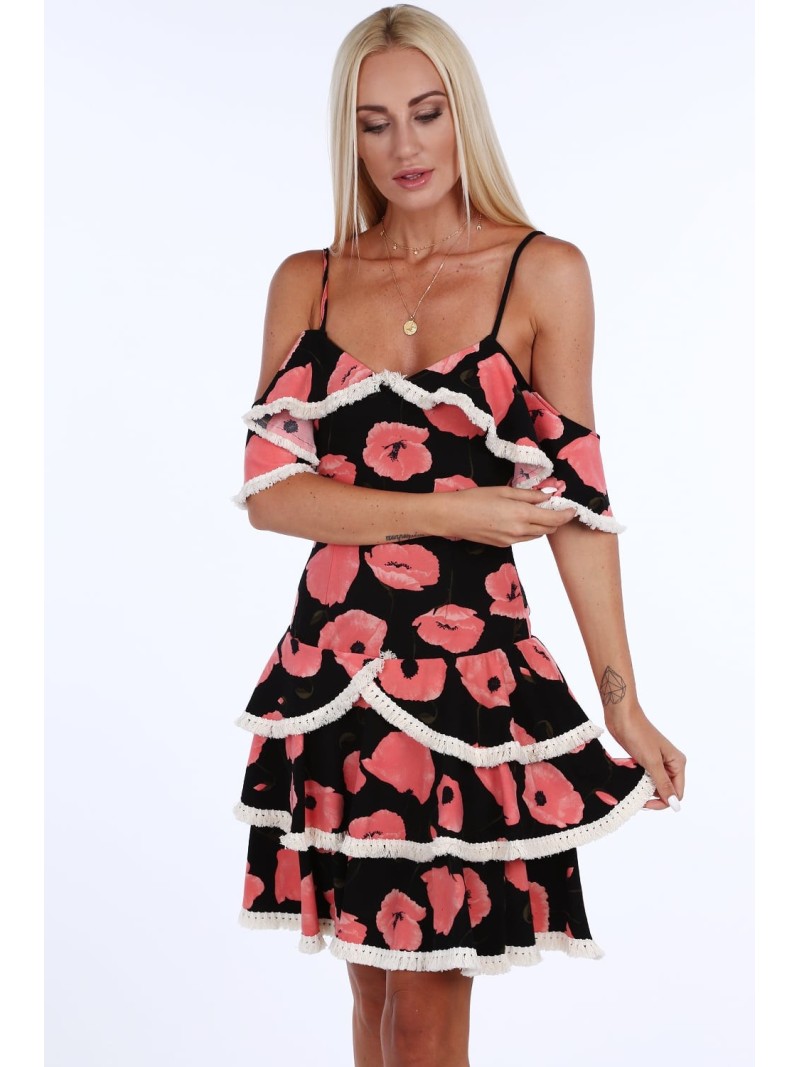 Dress with ruffles, salmon poppies 1775 - Online store - Boutique